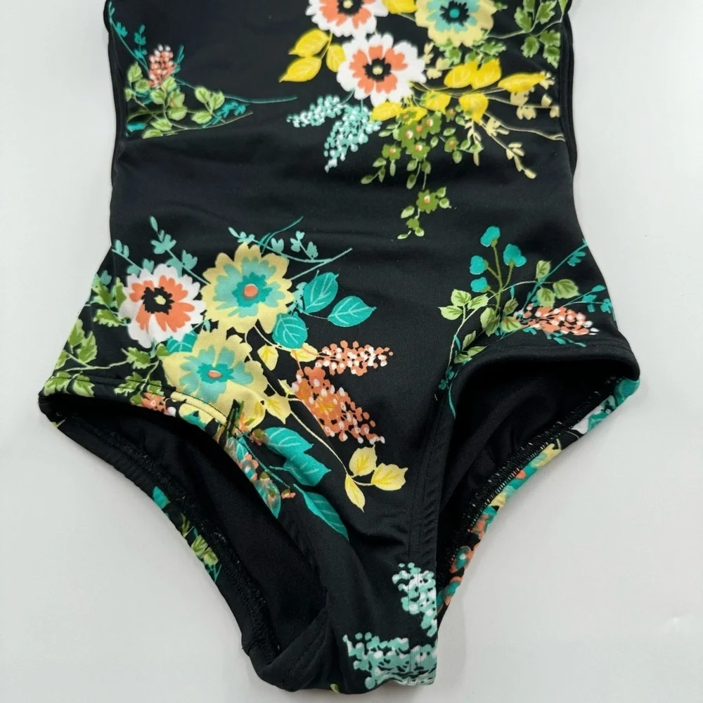 Chelsea B Dance Bodysuit – Child XS, Black w/ Floral Print, Mesh Neckline & Open